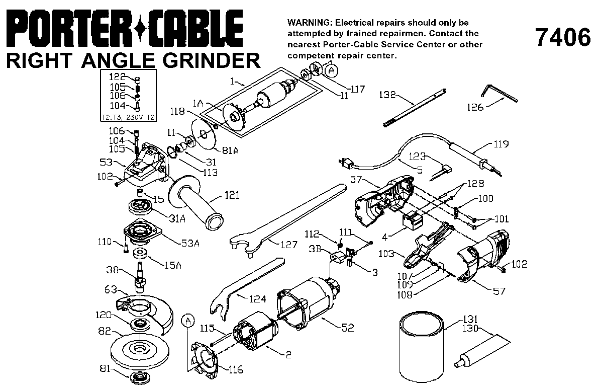 Default Diagram and Parts List for PC7406 Type 1 Porter Cable Grinder